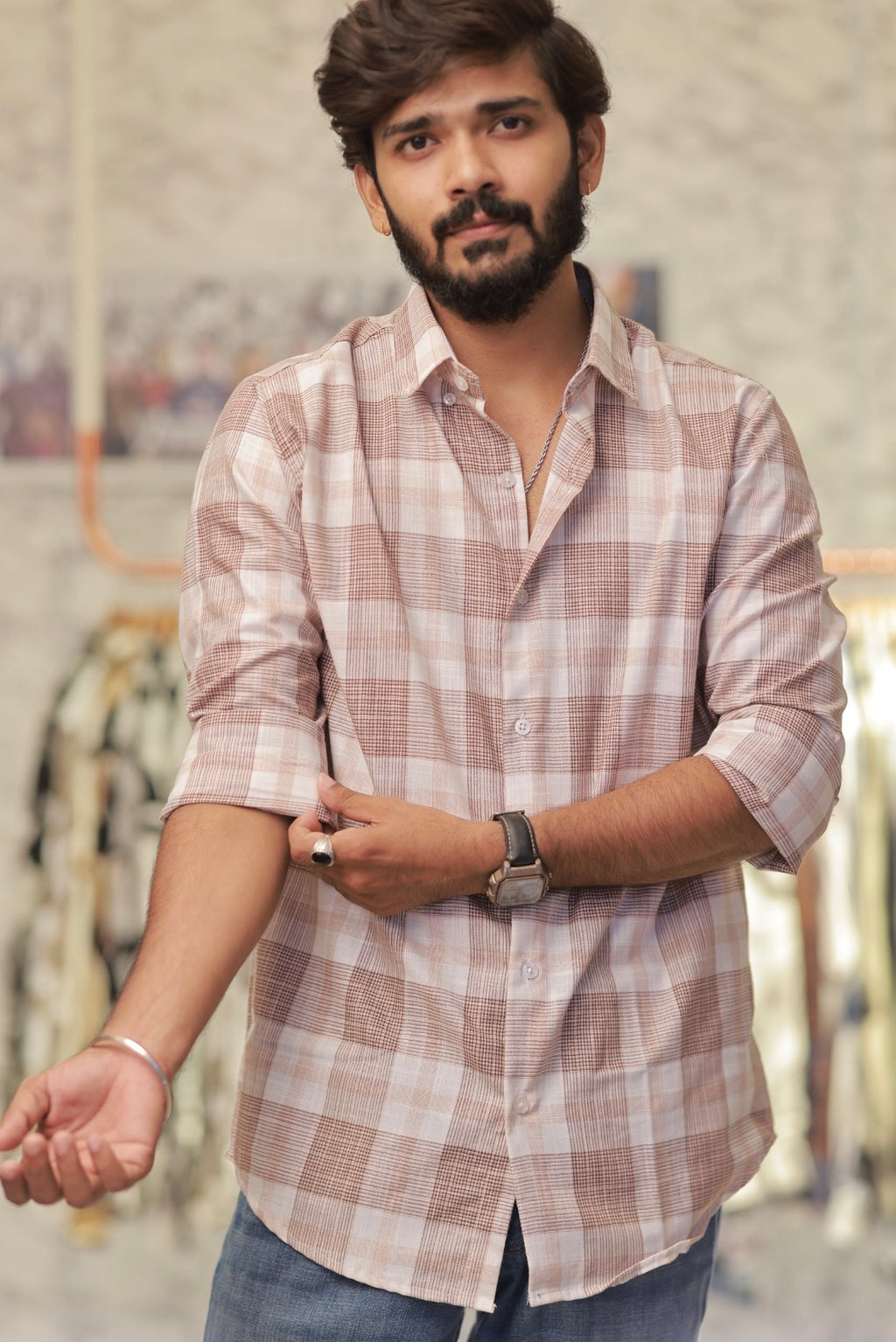 Pink Linen Checked Full-Hand Shirt