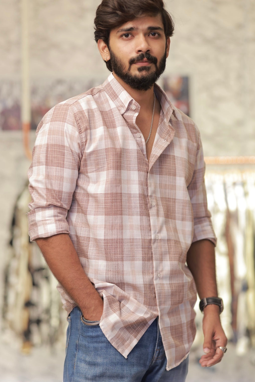 Pink Linen Checked Full-Hand Shirt