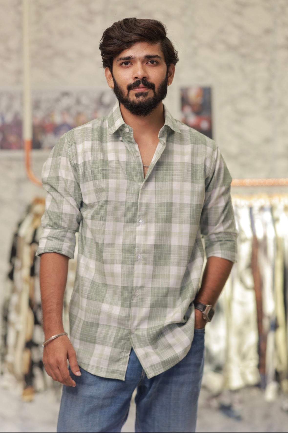Green Linen Checked Full-Hand Shirt