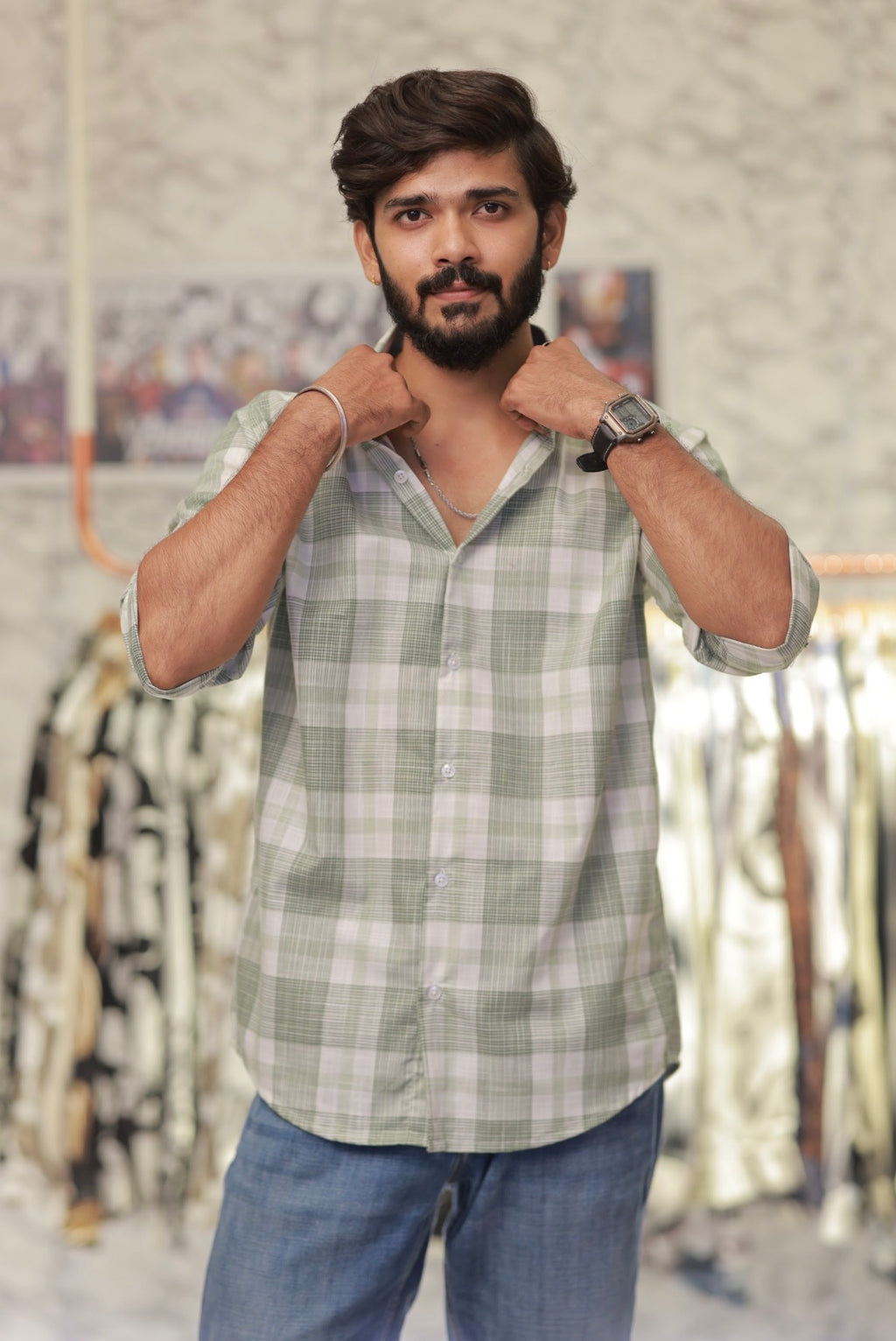Green Linen Checked Full-Hand Shirt
