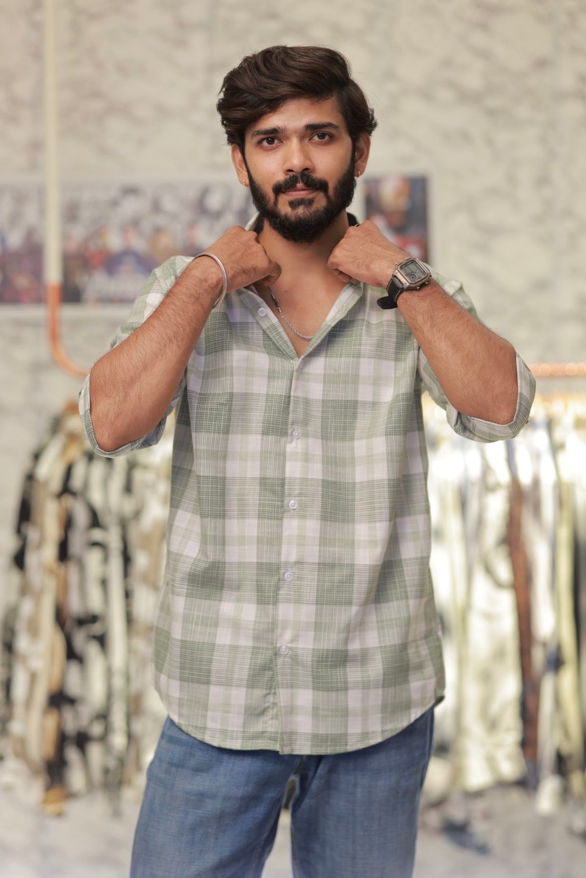 Green Linen Checked Full-Hand Shirt