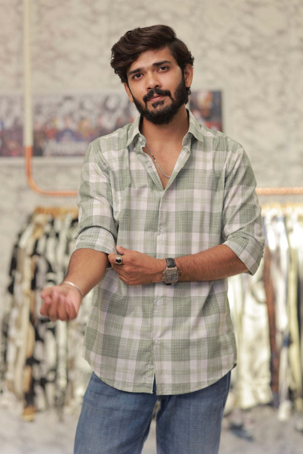 Green Linen Checked Full-Hand Shirt