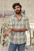 Green Linen Checked Full-Hand Shirt