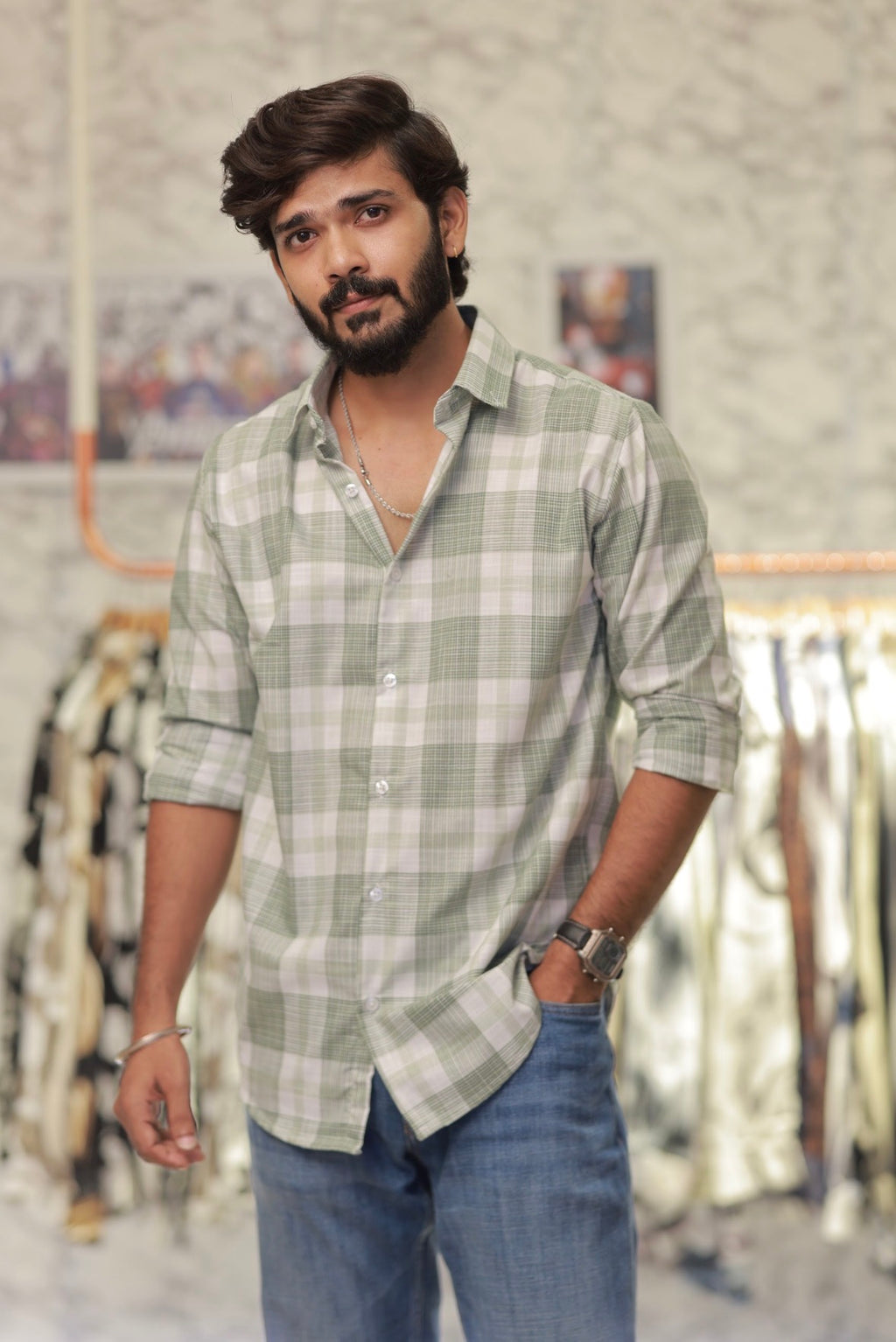 Green Linen Checked Full-Hand Shirt