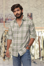 Green Linen Checked Full-Hand Shirt