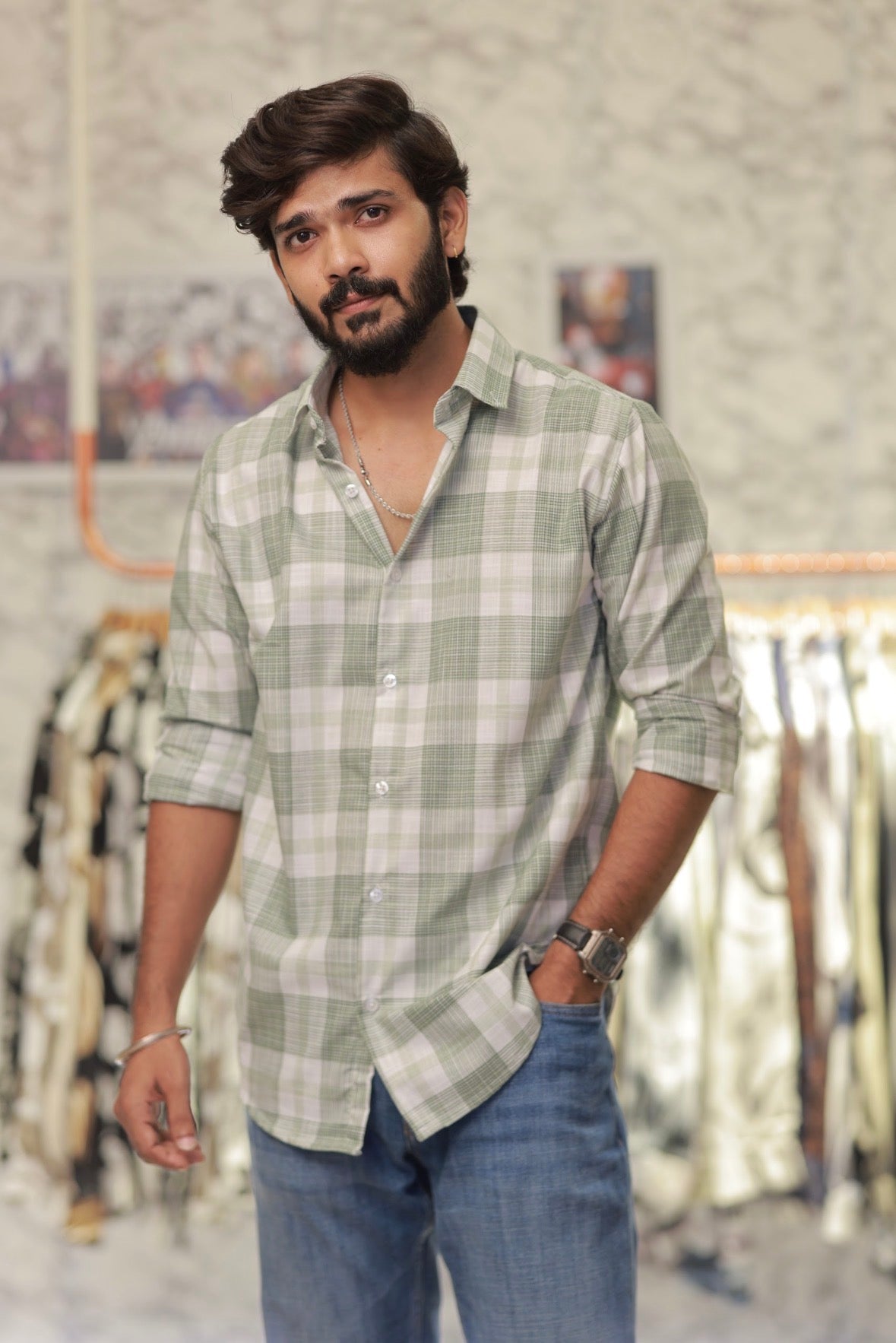 Green Linen Checked Full-Hand Shirt