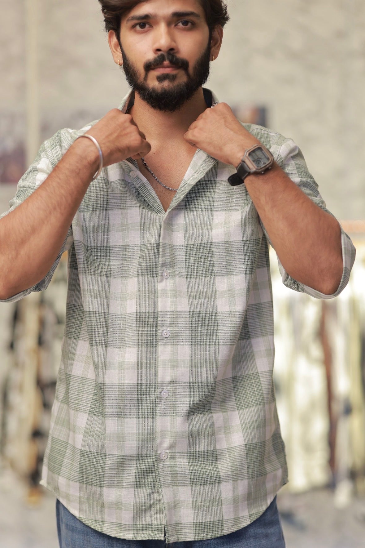 Green Linen Checked Full-Hand Shirt