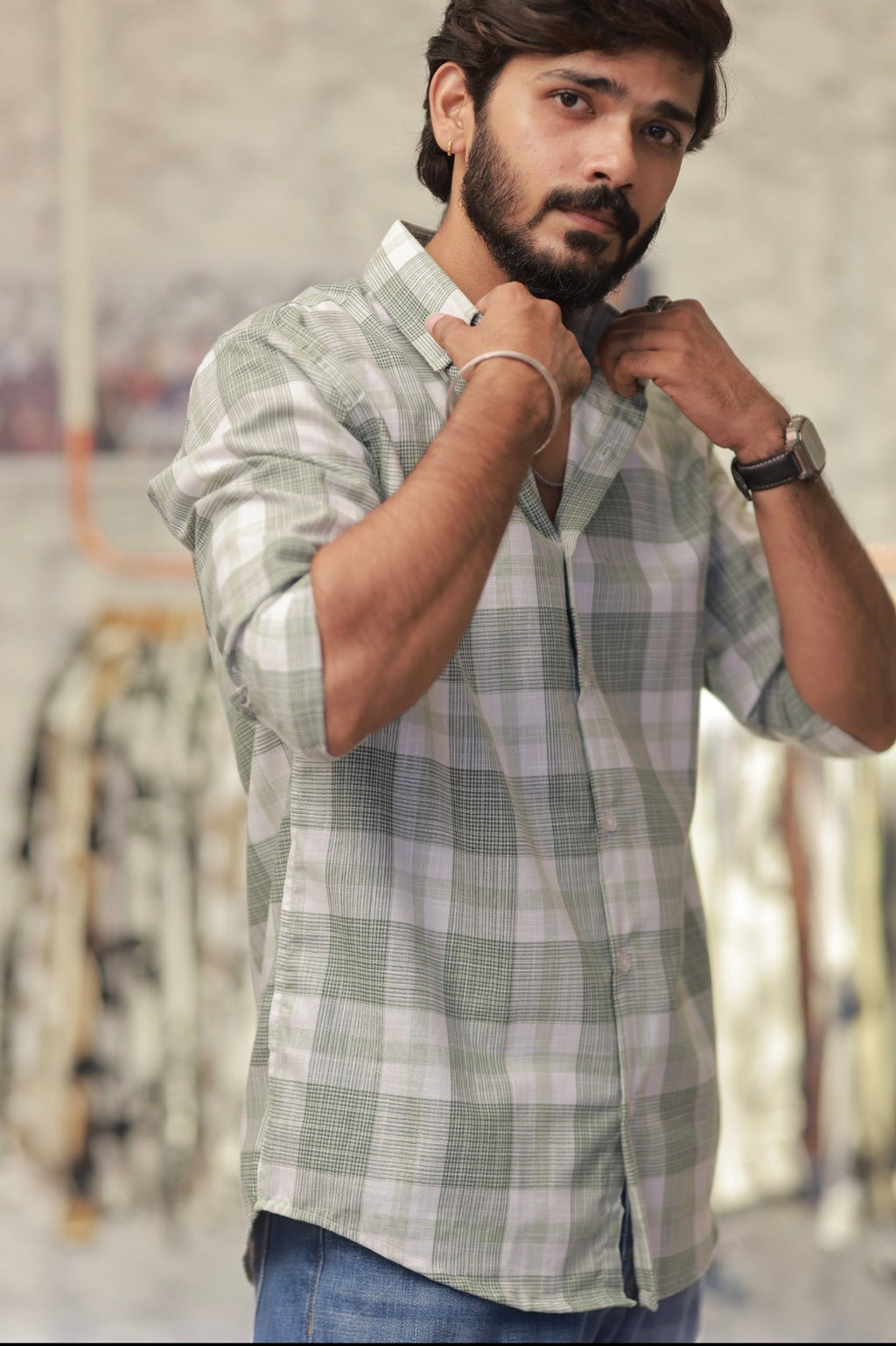 Green Linen Checked Full-Hand Shirt