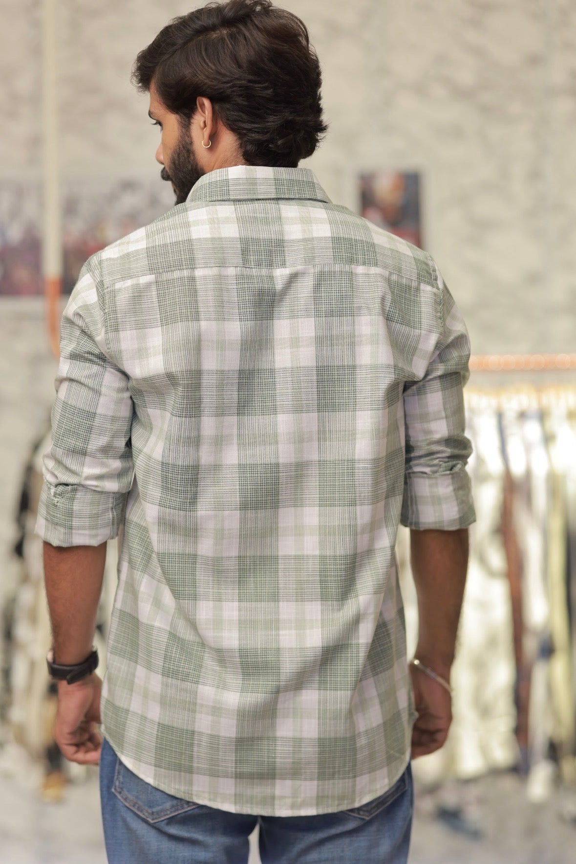 Green Linen Checked Full-Hand Shirt