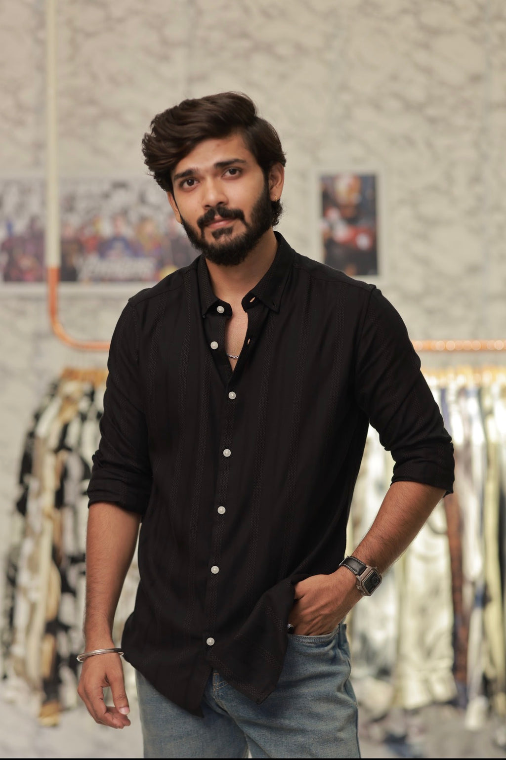Black Striped Full-Hand Shirt