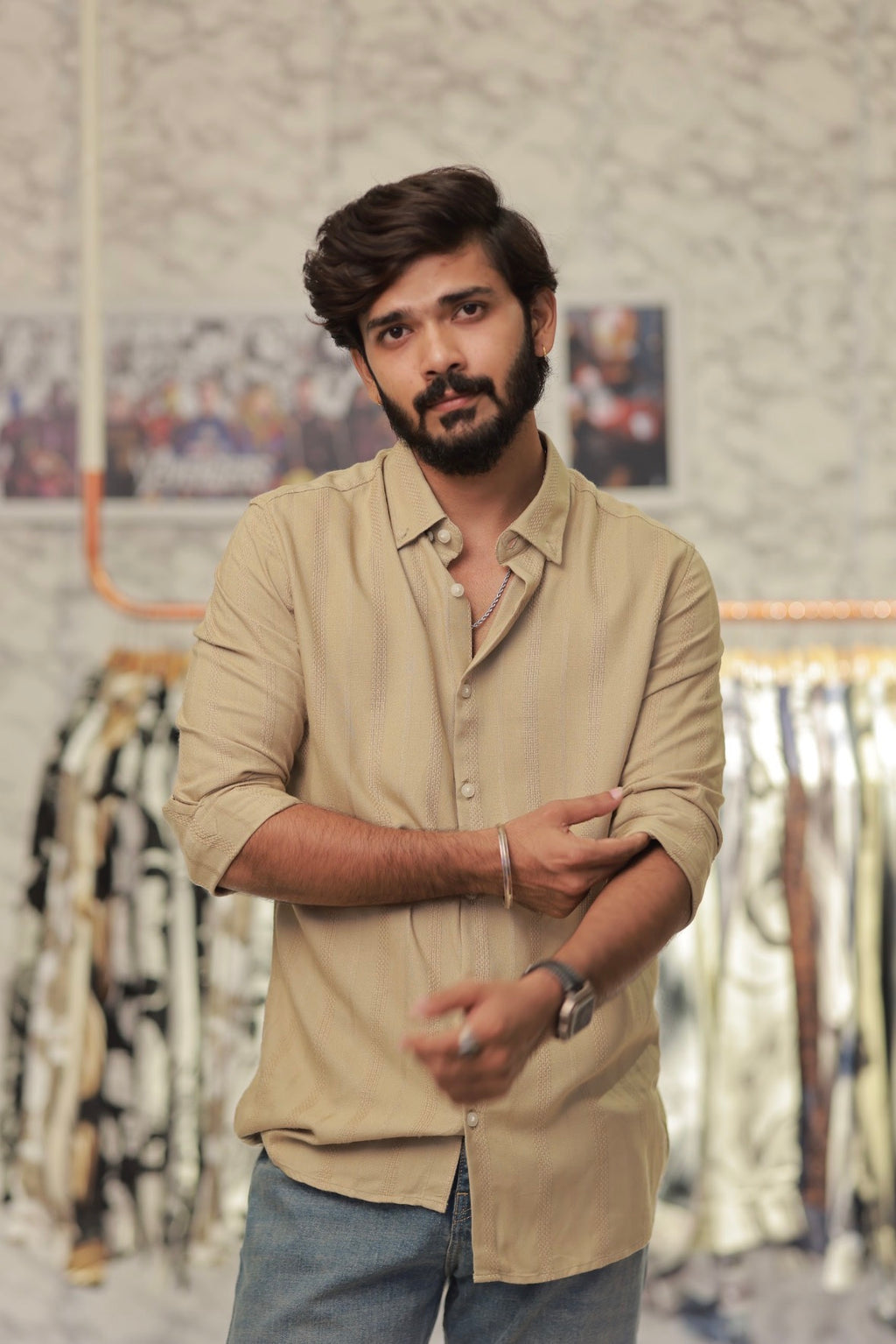 Light-Brown Striped Full-Hand Shirt
