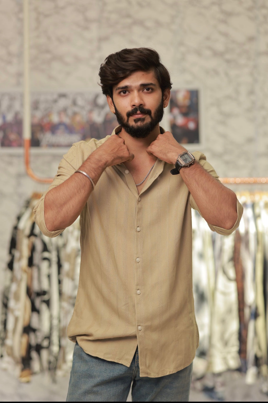 Light-Brown Striped Full-Hand Shirt