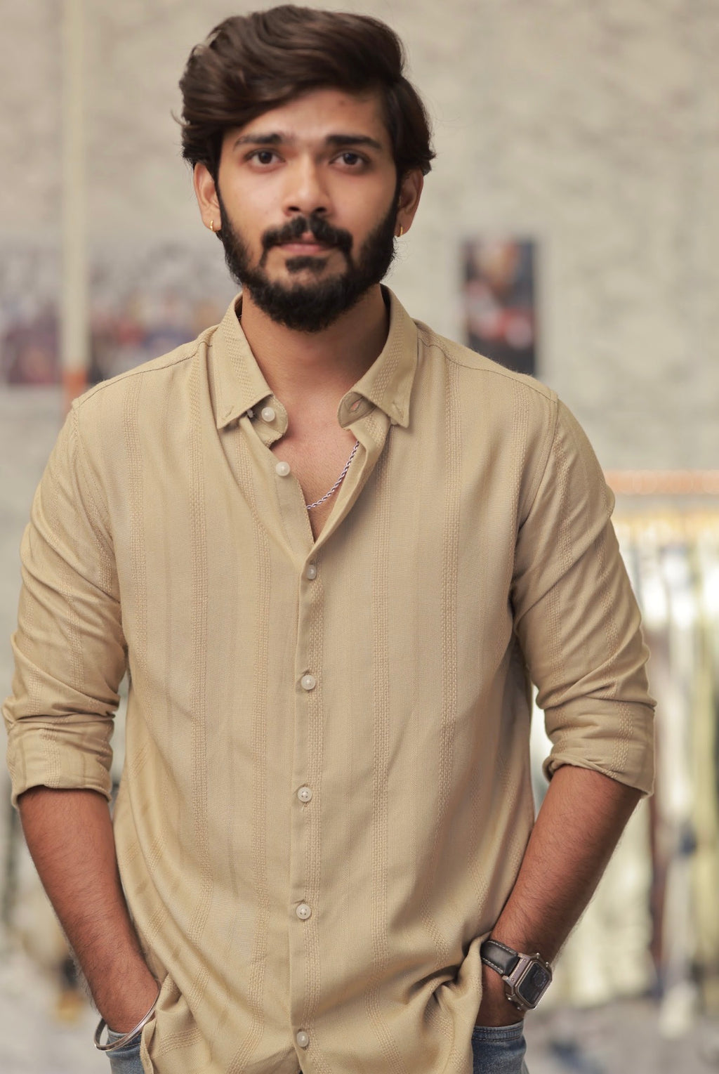 Light-Brown Striped Full-Hand Shirt