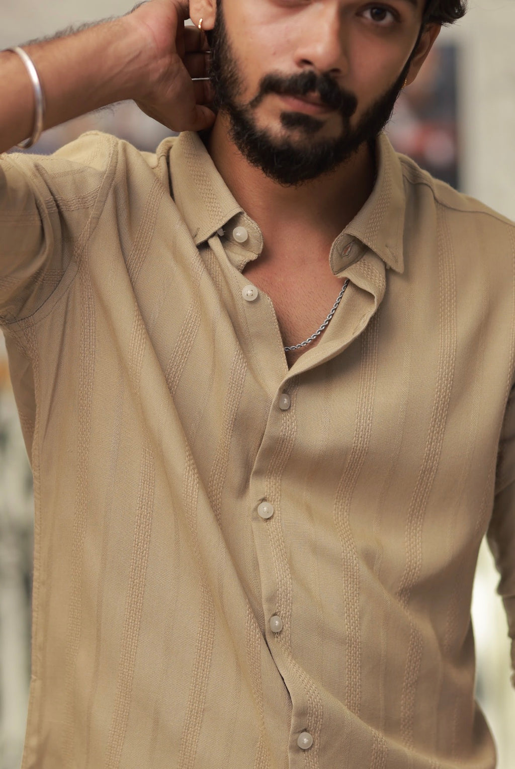 Light-Brown Striped Full-Hand Shirt
