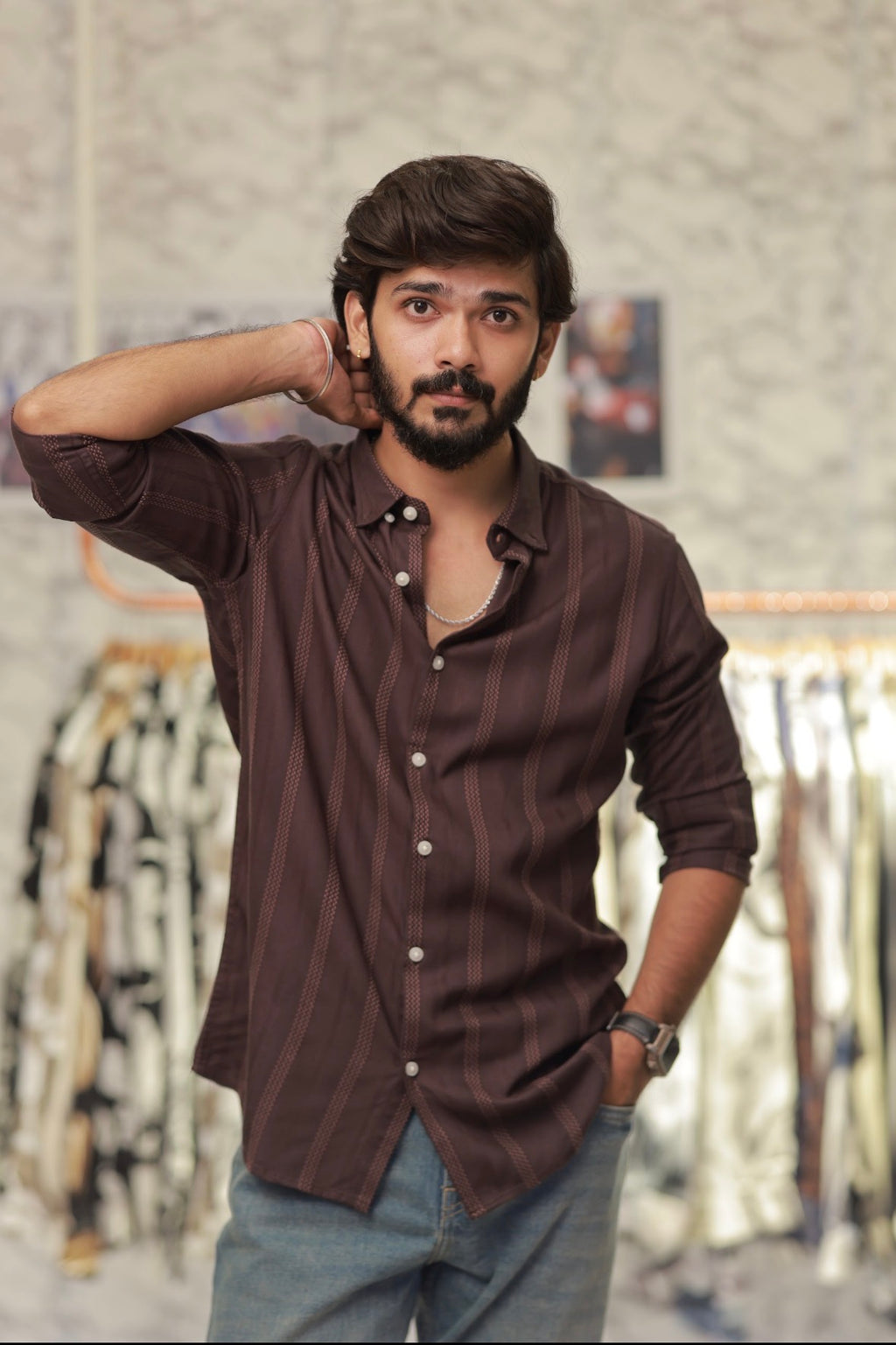 Brown Striped Full-Hand Shirt