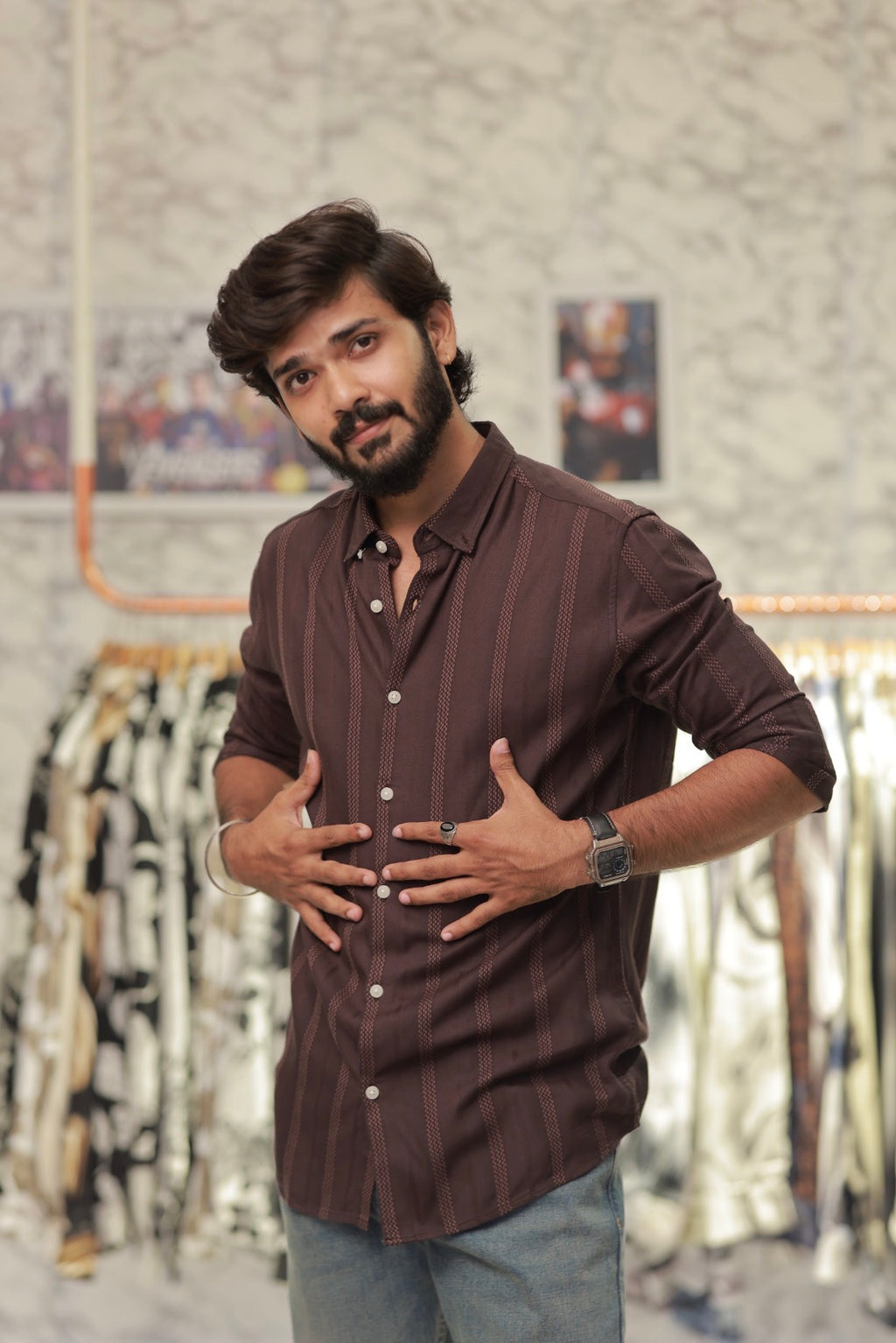 Brown Striped Full-Hand Shirt