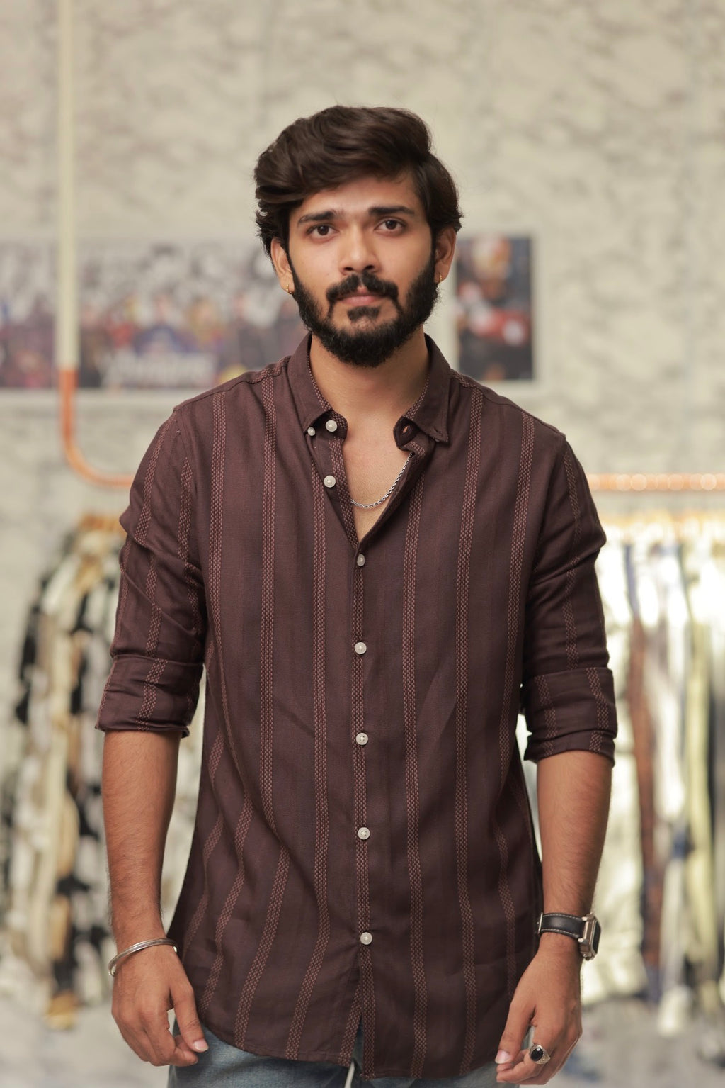 Brown Striped Full-Hand Shirt