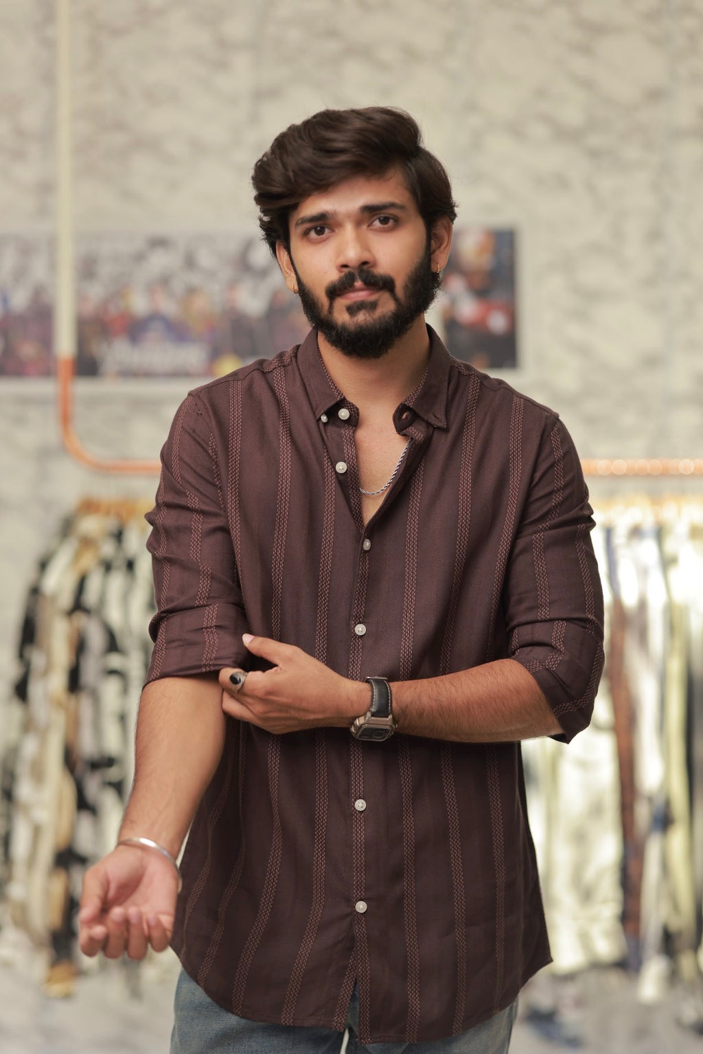 Brown Striped Full-Hand Shirt
