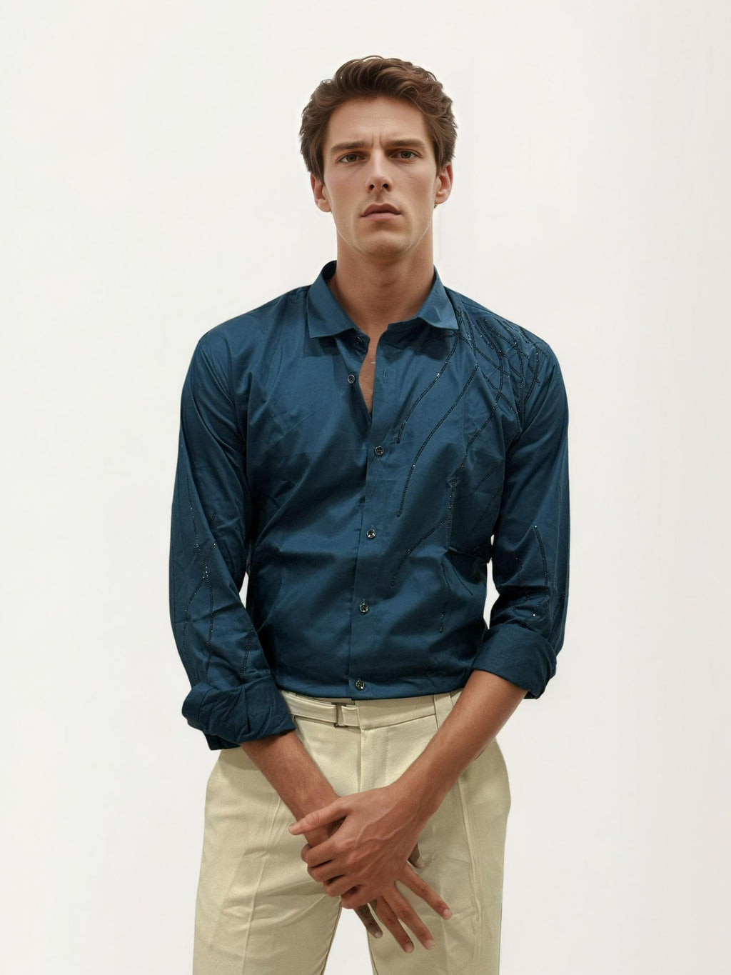 Teal Green Stone Work Fullhand Shirt