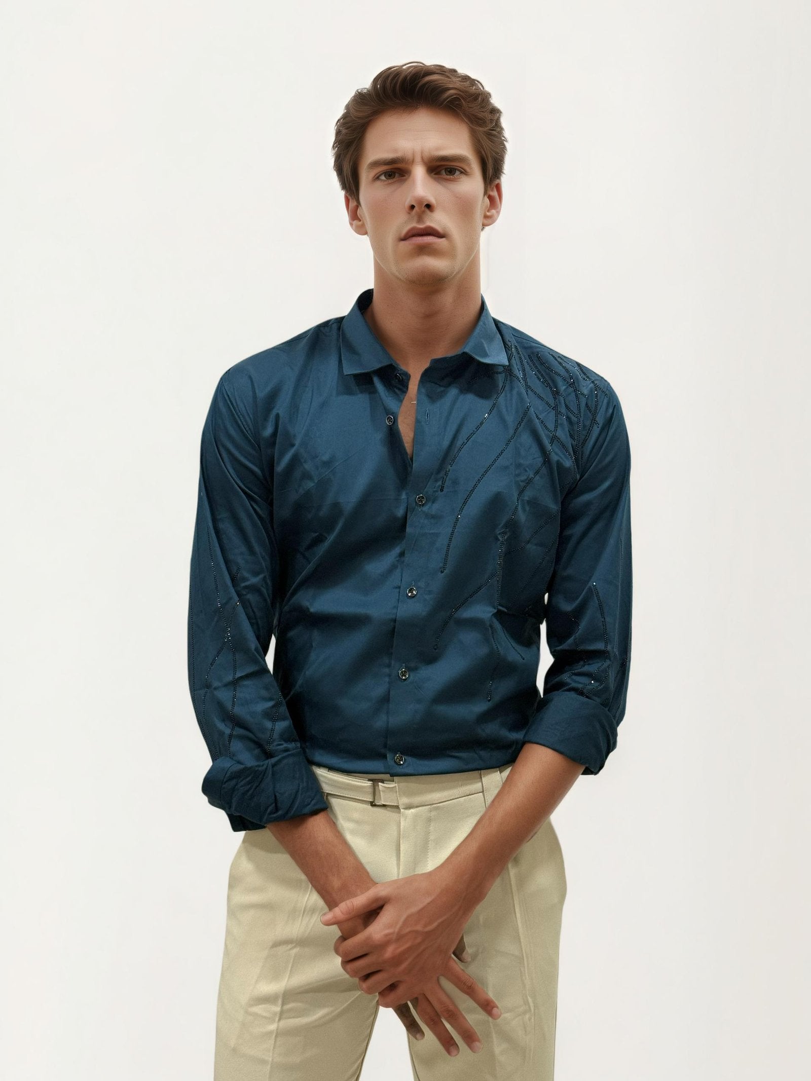 Teal Green Stone Work Fullhand Shirt