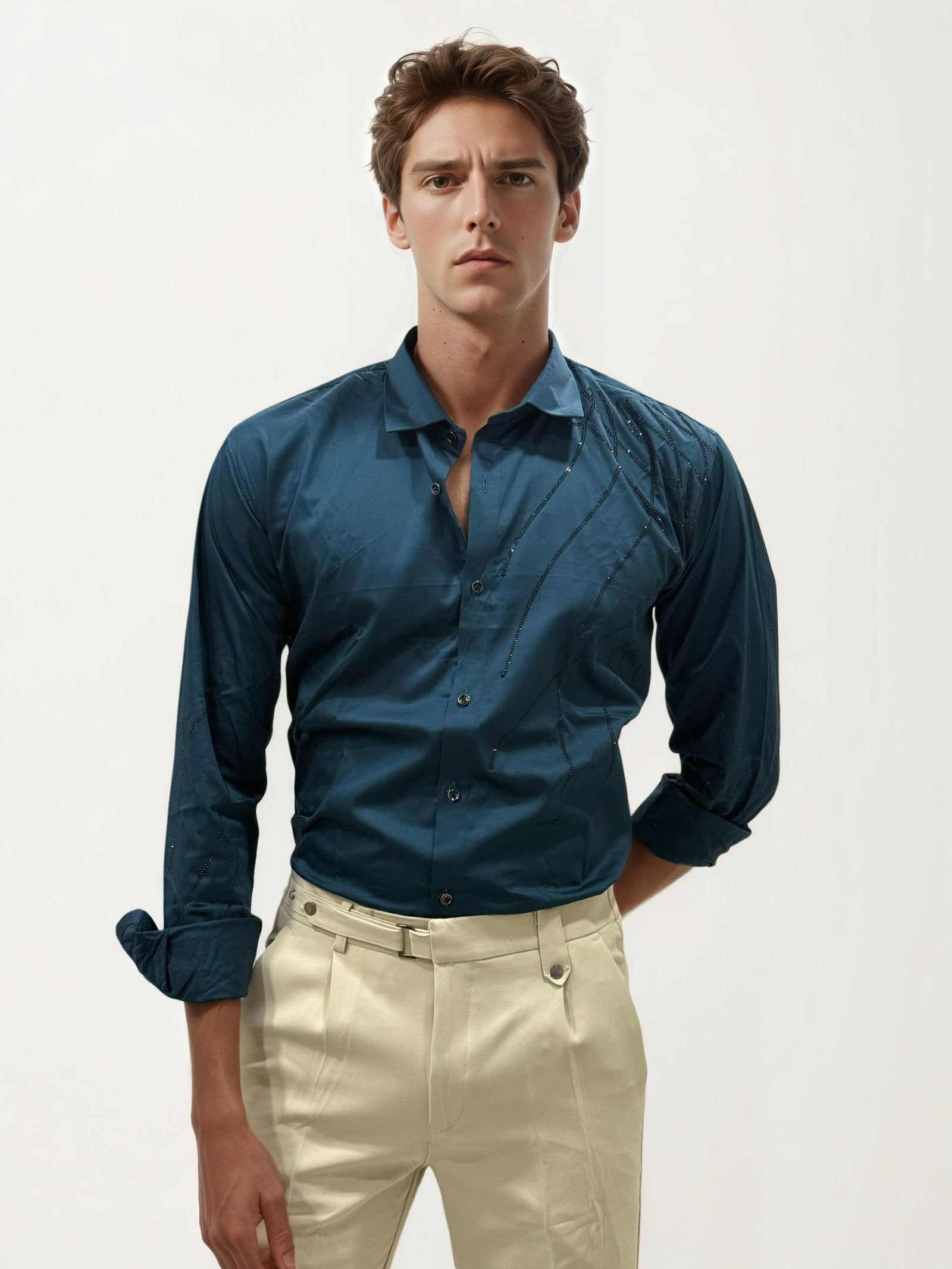 Teal Green Stone Work Fullhand Shirt