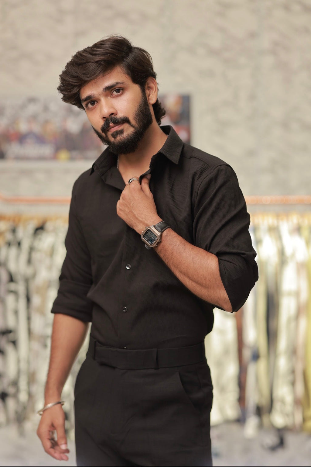 Black Imported Wave Full-Hand Shirt