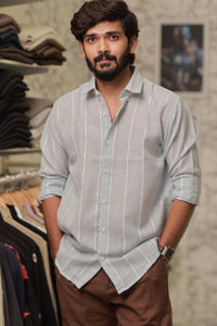Green Linen Striped Full-Hand Shirt