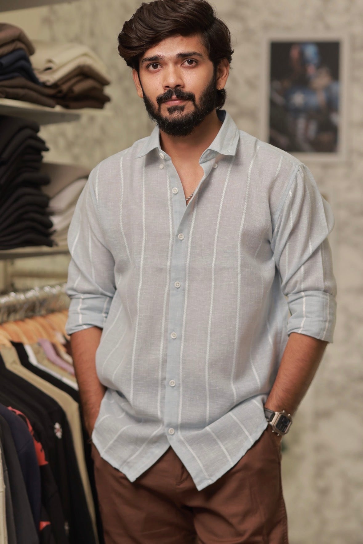Green Linen Striped Full-Hand Shirt