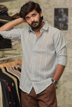 Green Linen Striped Full-Hand Shirt