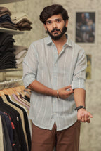 Green Linen Striped Full-Hand Shirt