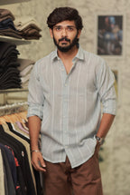Green Linen Striped Full-Hand Shirt