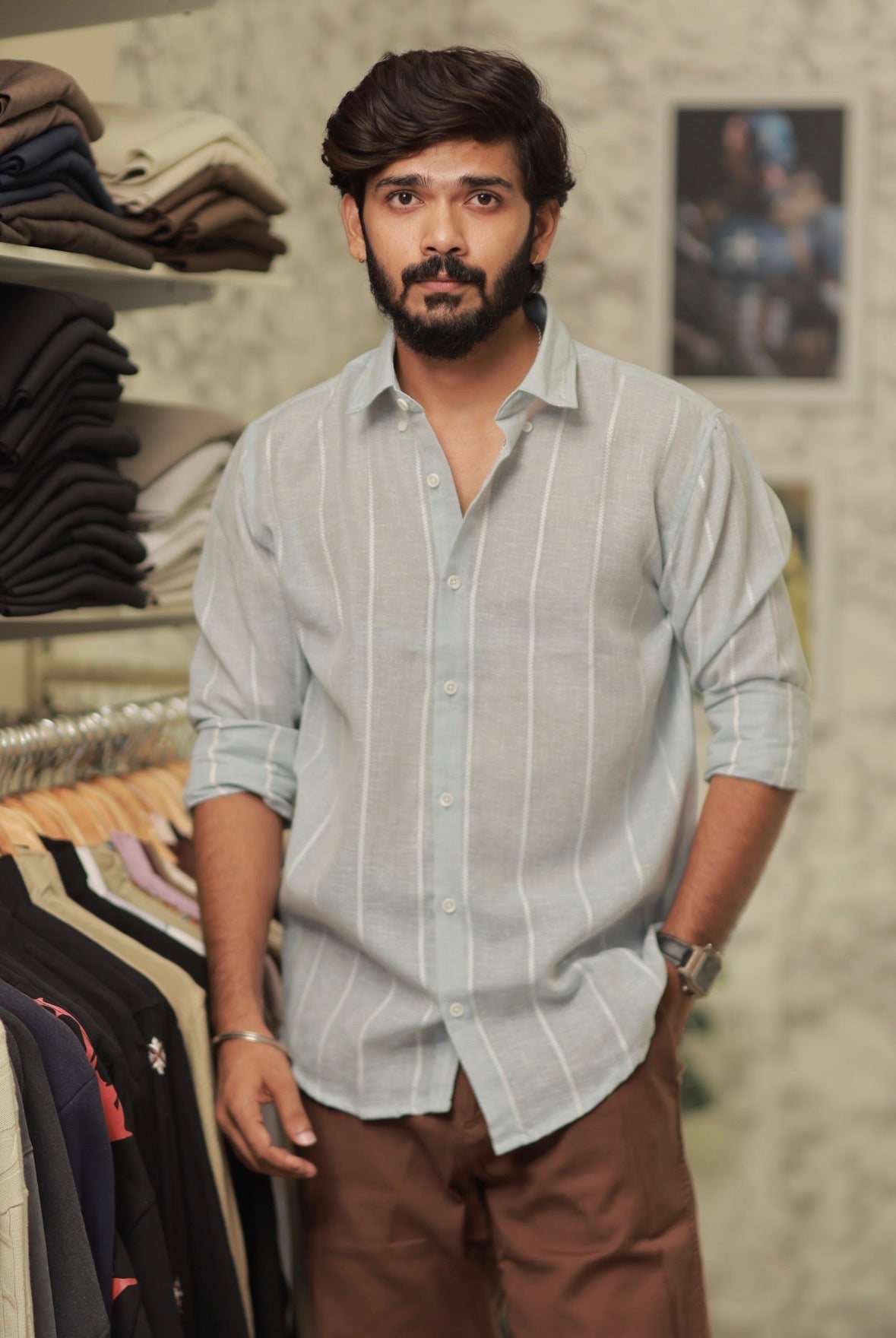 Green Linen Striped Full-Hand Shirt