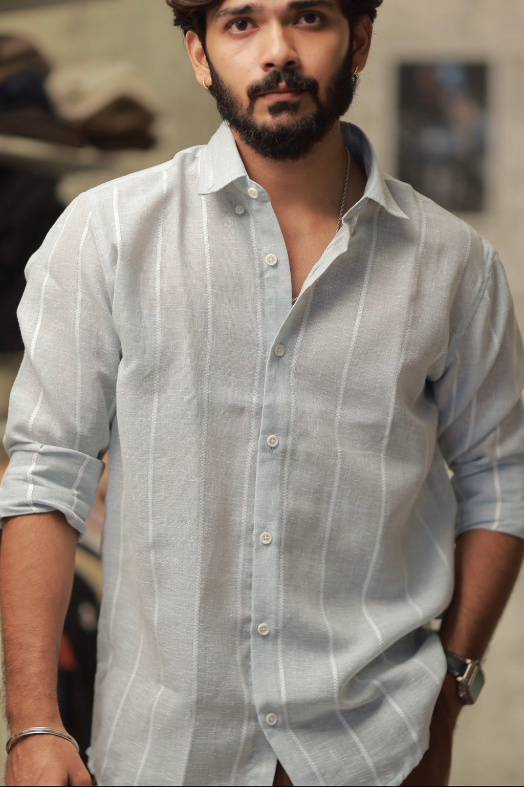 Green Linen Striped Full-Hand Shirt