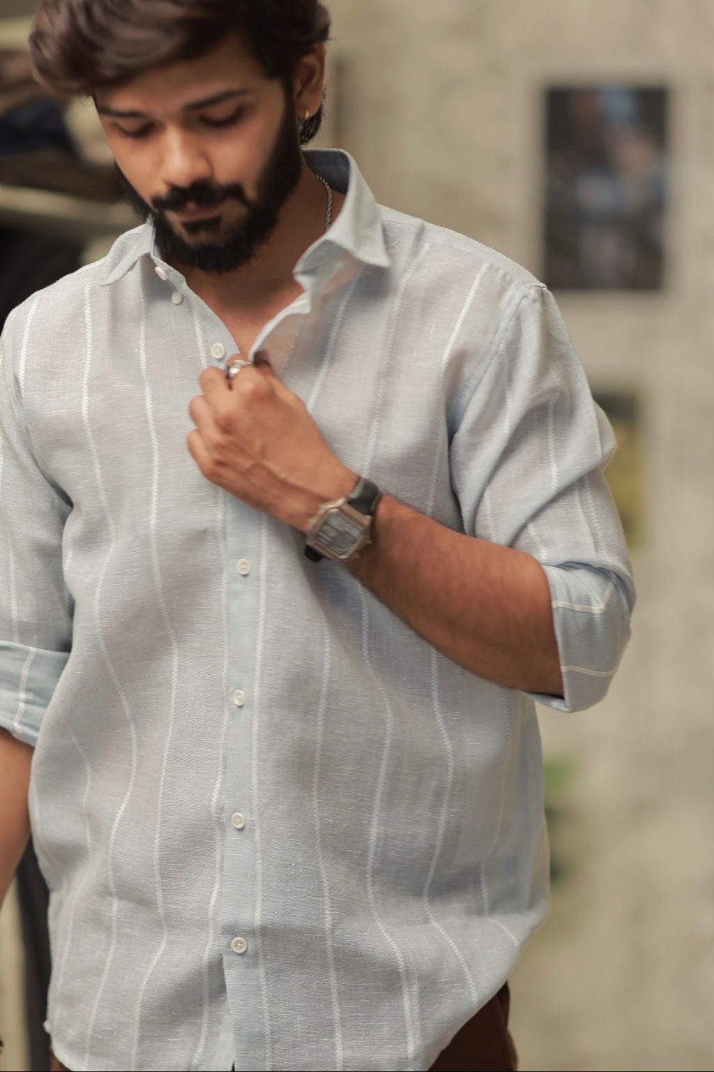 Green Linen Striped Full-Hand Shirt