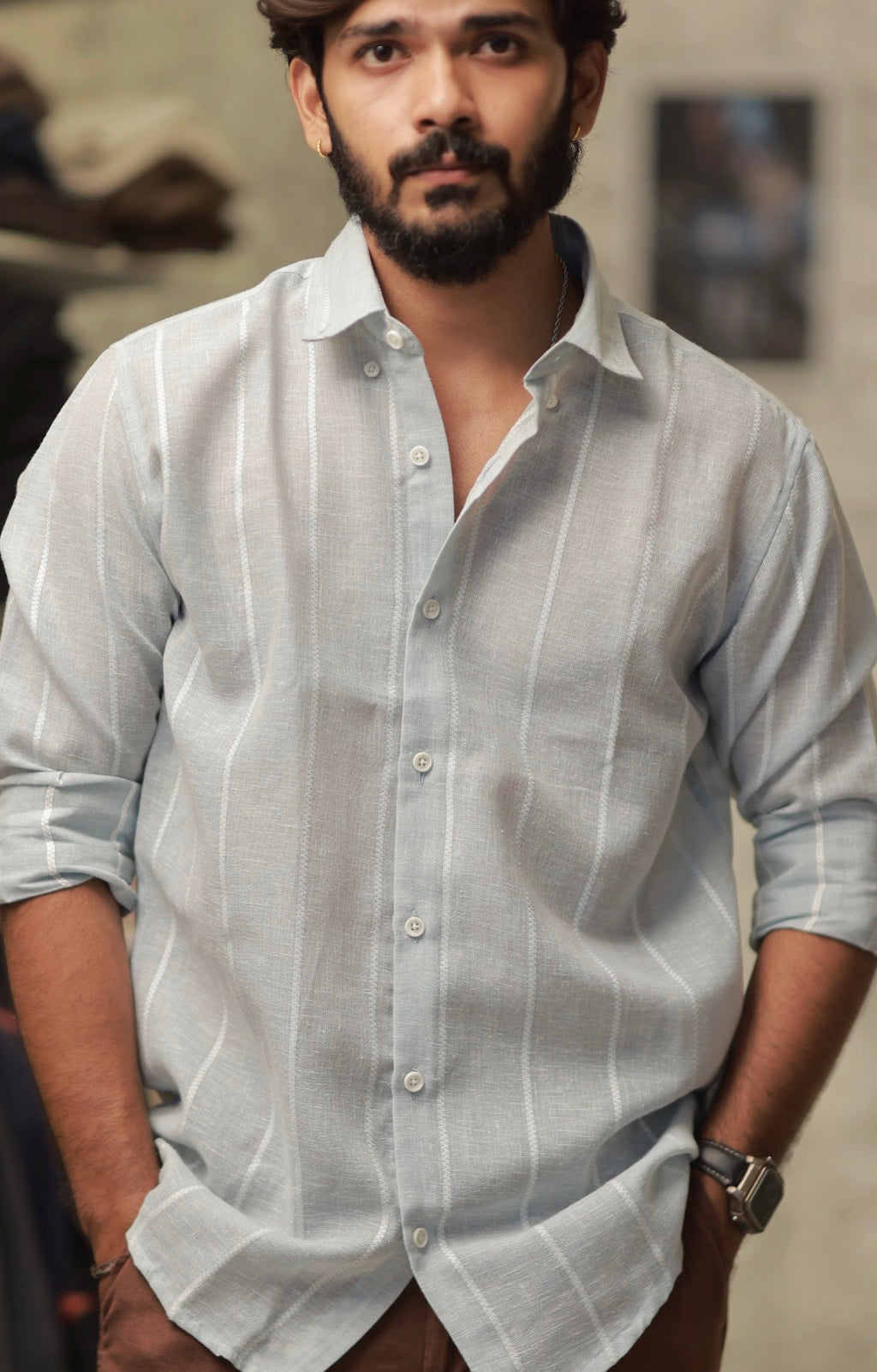 Green Linen Striped Full-Hand Shirt