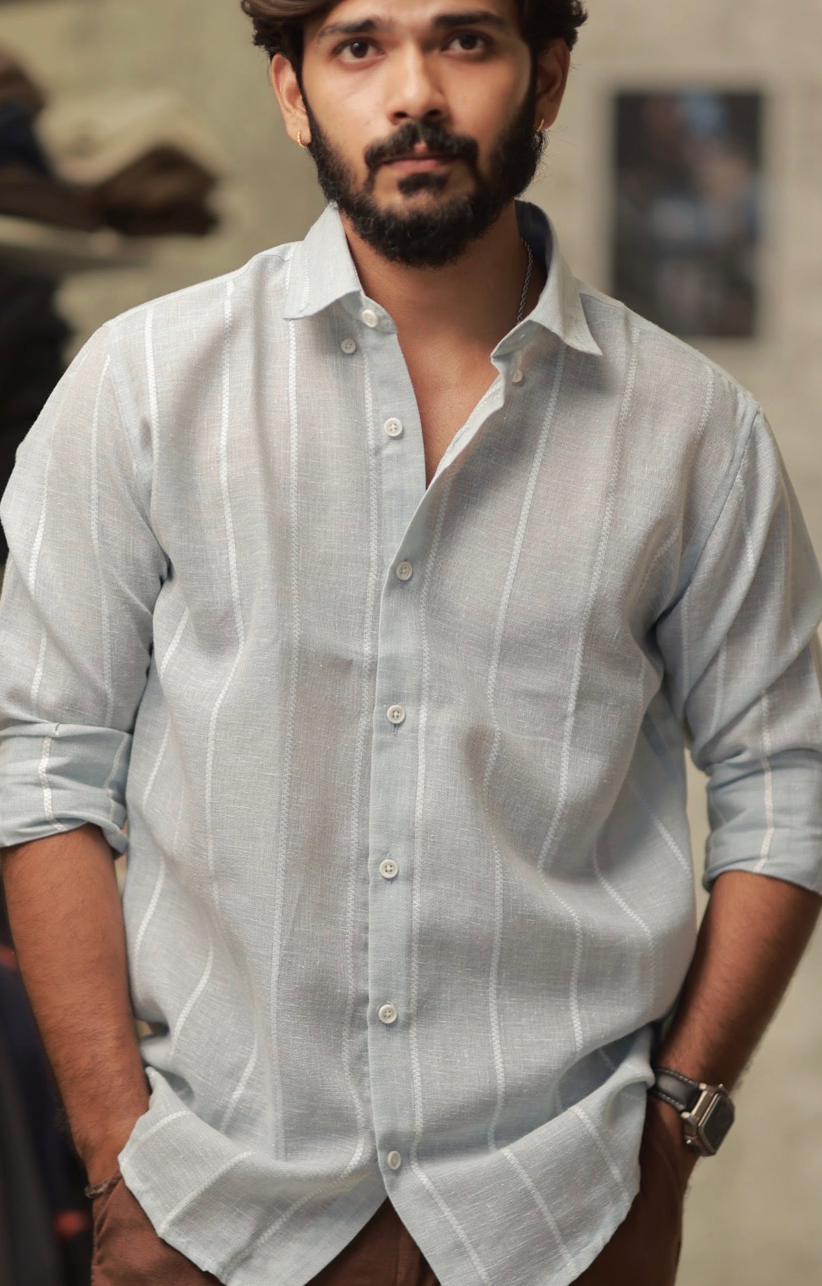 Green Linen Striped Full-Hand Shirt