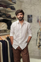 White Linen Striped Full-Hand Shirt