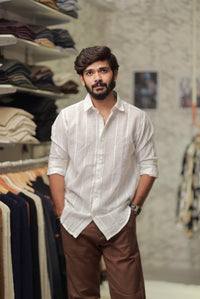 White Linen Striped Full-Hand Shirt