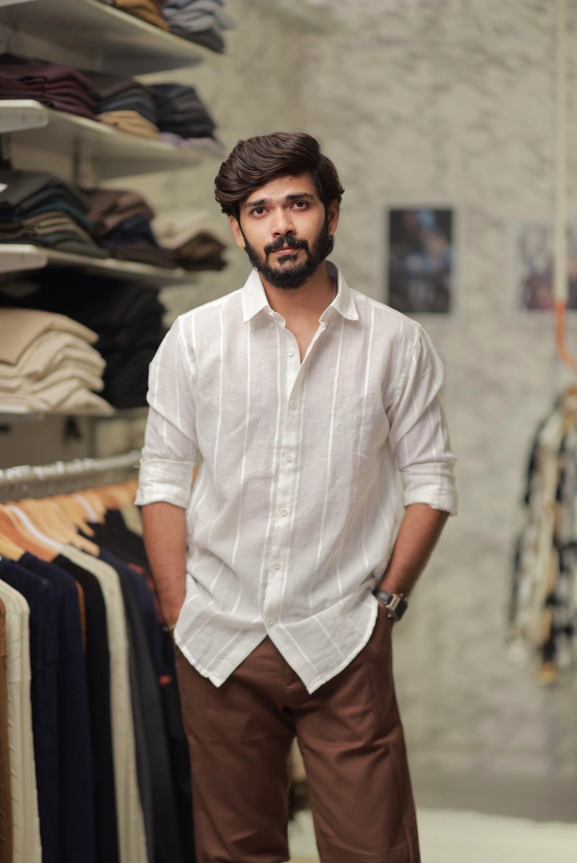 White Linen Striped Full-Hand Shirt