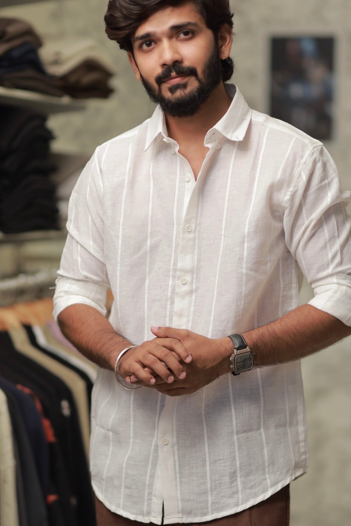 White Linen Striped Full-Hand Shirt