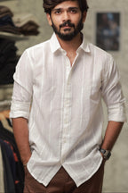 White Linen Striped Full-Hand Shirt