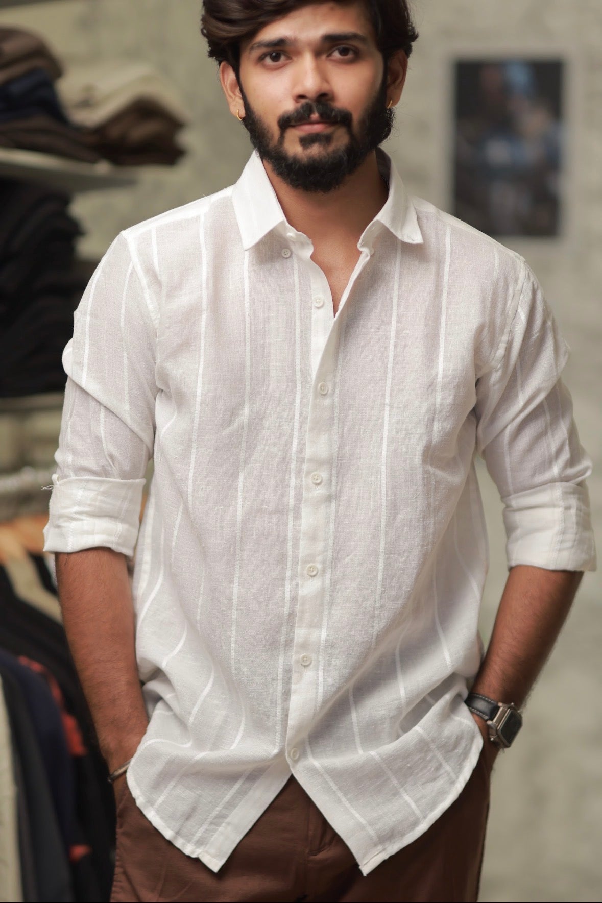 White Linen Striped Full-Hand Shirt