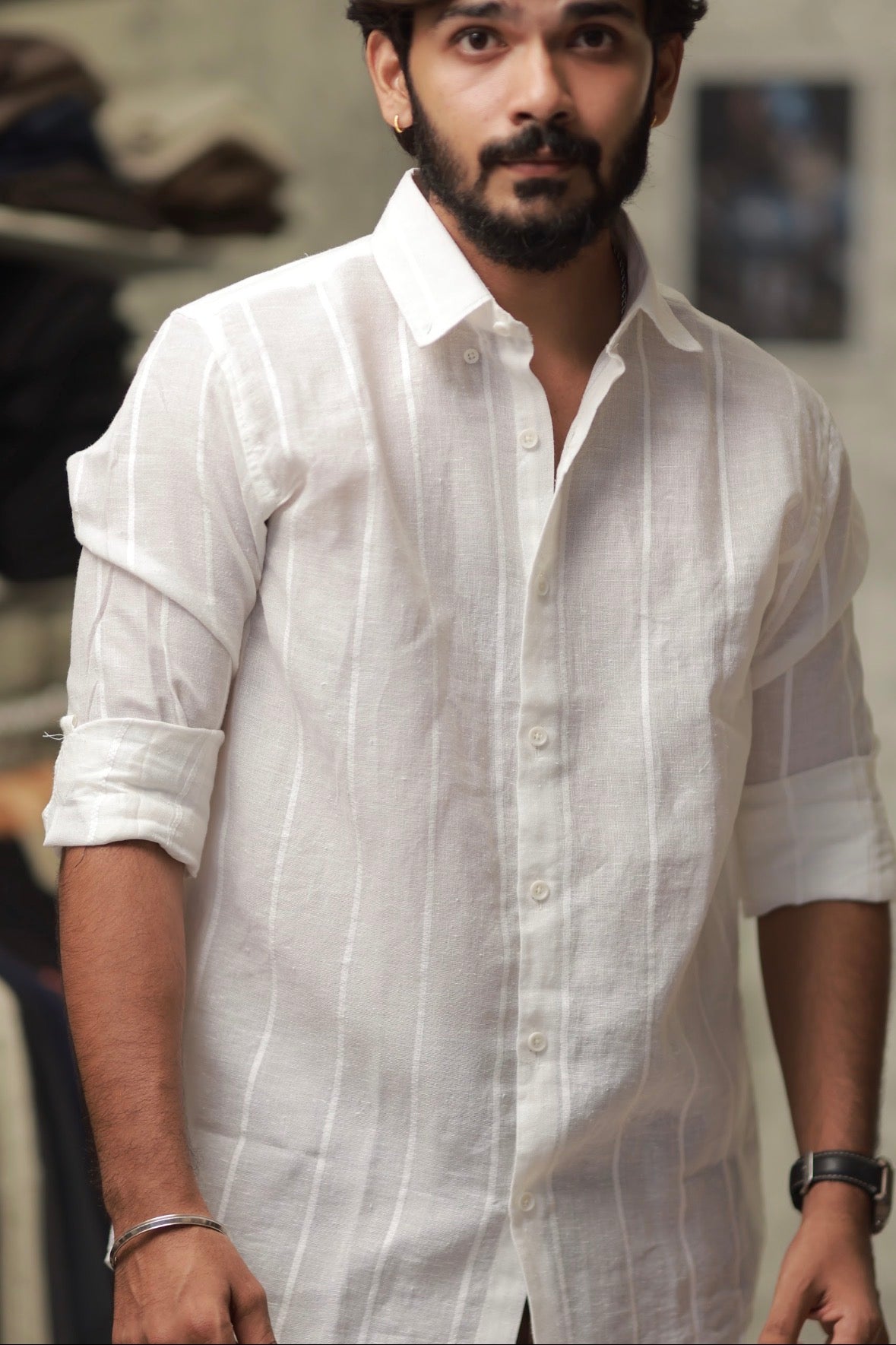 White Linen Striped Full-Hand Shirt
