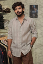 Brown Linen Striped Full-Hand Shirt