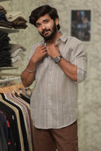 Brown Linen Striped Full-Hand Shirt