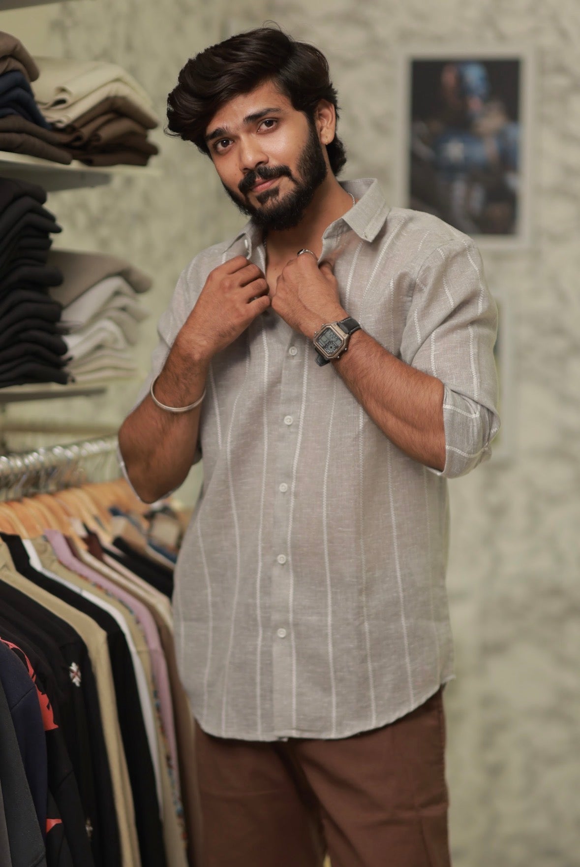 Brown Linen Striped Full-Hand Shirt