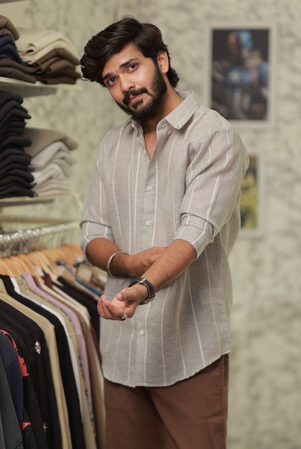 Brown Linen Striped Full-Hand Shirt
