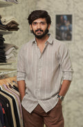 Brown Linen Striped Full-Hand Shirt