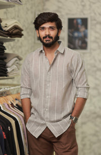 Brown Linen Striped Full-Hand Shirt