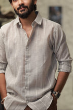 Brown Linen Striped Full-Hand Shirt
